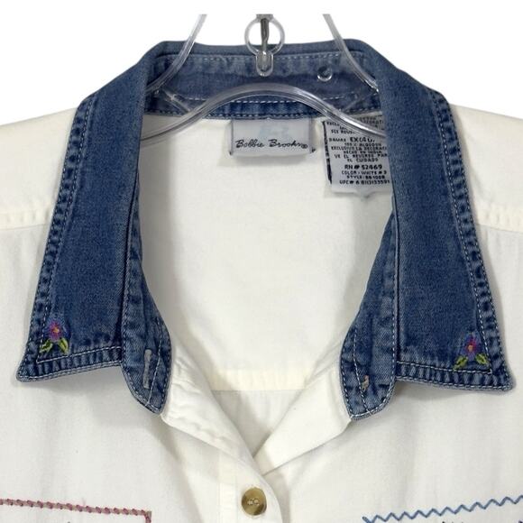 VTG Bobbie Brooks Button Shirt XL Wht/Denim Embroidered Cottage Western Tropical - Picture 5 of 14